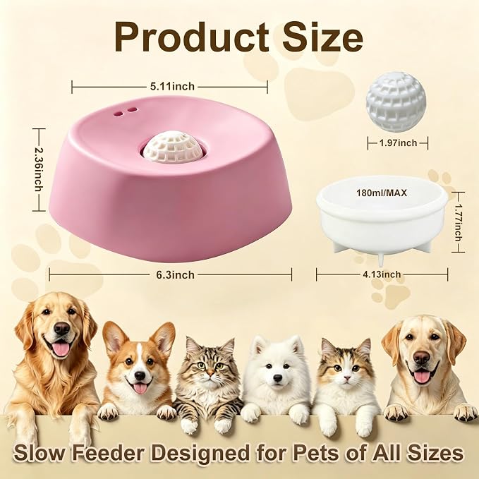 Slow Feeder Dog Bowl with Built-in Rolling Ball, No-Spill Lick Bowl for Liquid Treats, Yogurt & Bone Broth